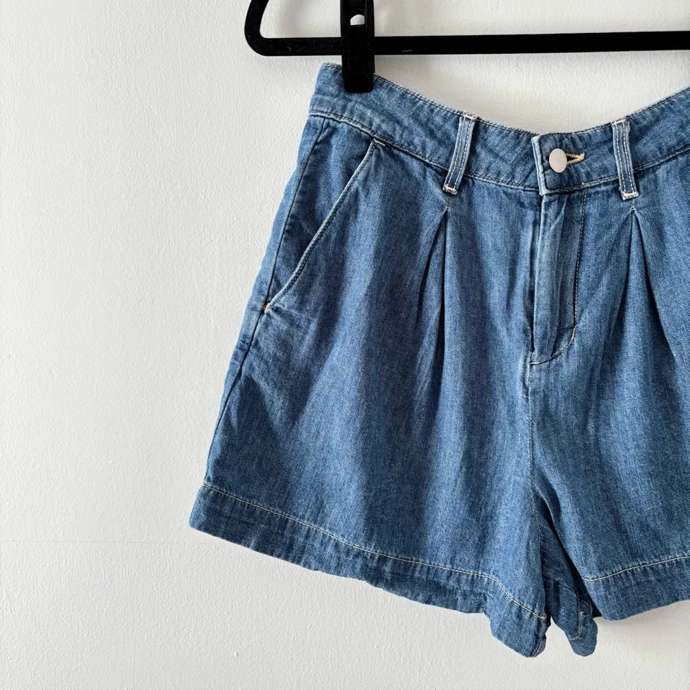 L’AGENCE Zahari Pleated Denim Shorts High-Rise Soft Denim Casual Effortless - Picture 4 of 7